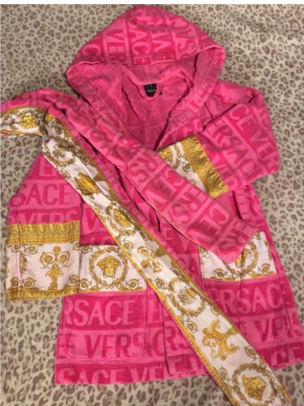 Versace Hot Pink Plush Hooded Robe with Gold Baroque Trim